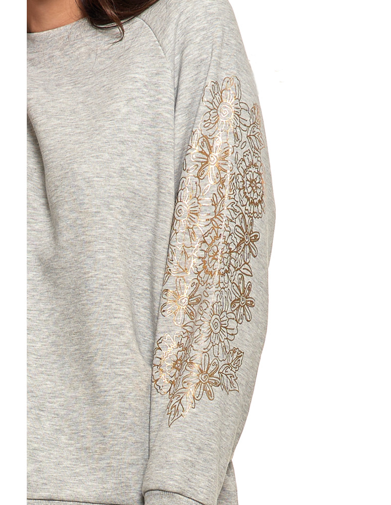 Bluzy damskie - Bluza damska ocpielana ze złotym kwiatowym nadrukiem JASNY SZARY  - produkt moraj.pl 3