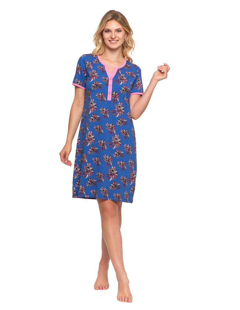 Koszule nocne - Damska piżama koszula nocna krótka w kwiatowy wzór GRANATOWY - produkt moraj.pl 1
