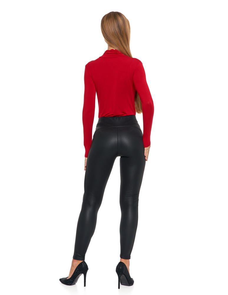 Legginsy damskie - Legginsy damskie z wysokim stanem imitujące skórę CZARNY  - produkt moraj.pl 2