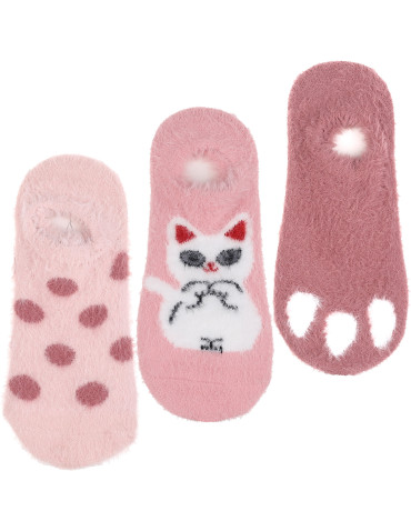 Ciepłe skarpetki stopki niskie damskie motyw kotka ABS 3-pak