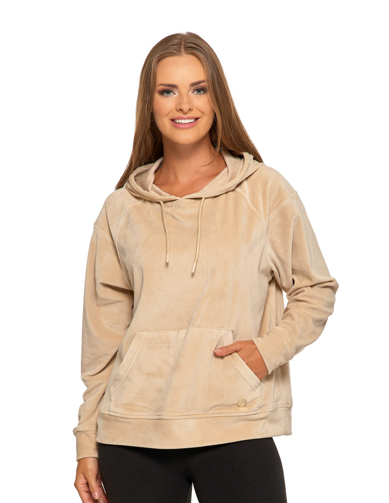 Bluzy damskie - Damska welurowa bluza z kapturem BEŻOWY - produkt moraj.pl 1