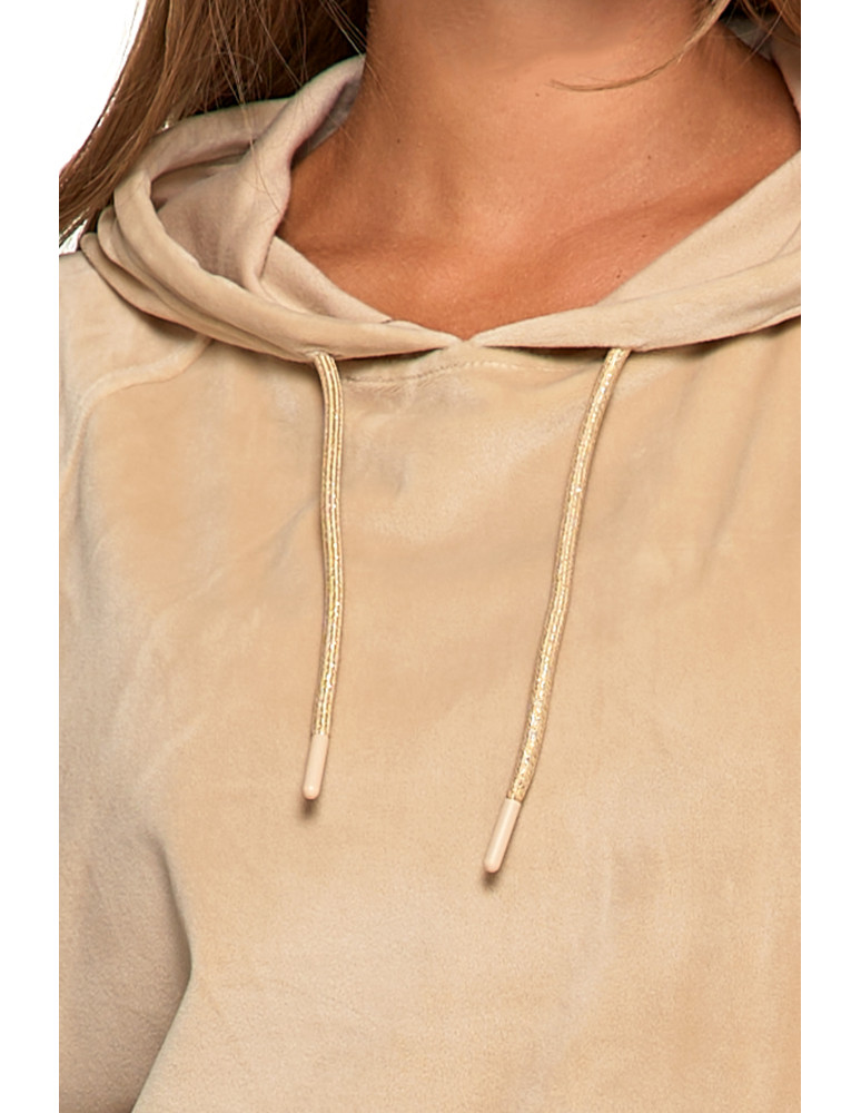 Bluzy damskie - Damska welurowa bluza z kapturem BEŻOWY  - produkt moraj.pl 3