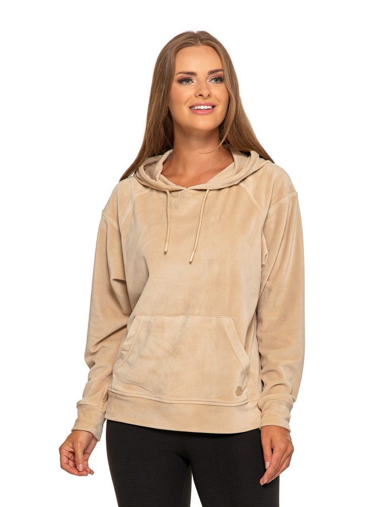 Bluzy damskie - Damska welurowa bluza z kapturem BEŻOWY  - produkt moraj.pl 7