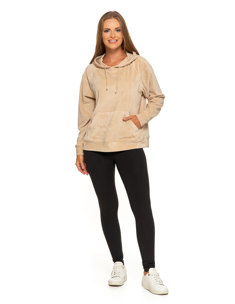 Bluzy damskie - Damska welurowa bluza z kapturem BEŻOWY  - produkt moraj.pl 11