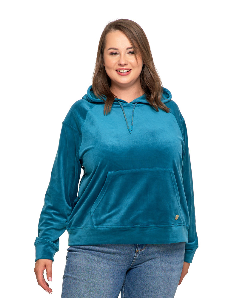 Bluzy damskie - Damska welurowa bluza z kapturem ZIELONY  - produkt moraj.pl 5