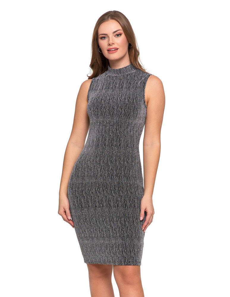 Koktajlowa sukienka damska midi z połyskiem bez rękawów SREBRNY