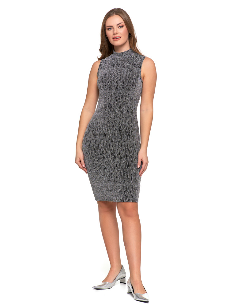 Sukienki i kombinezony - Koktajlowa sukienka damska midi z połyskiem bez rękawów SREBRNY - produkt moraj.pl 7