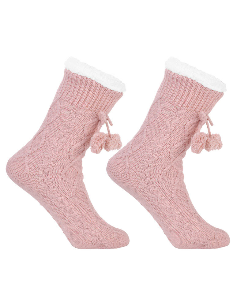 Ciepłe kapcie bambosze damskie warkoczowy splot RÓŻOWY