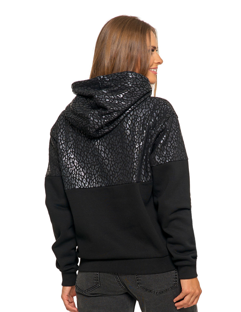Bluzy damskie - Damska bluza z kapturem ocieplana z motywem graficznym CZARNY - produkt moraj.pl 2