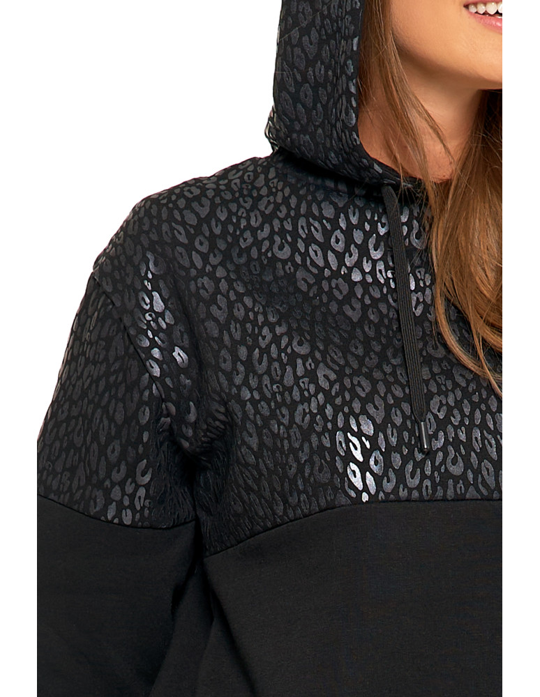 Bluzy damskie - Damska bluza z kapturem ocieplana z motywem graficznym CZARNY - produkt moraj.pl 3