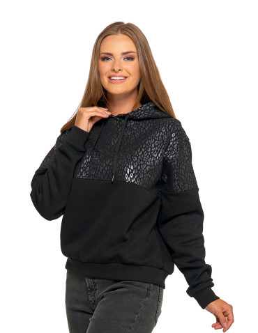 Bluzy damskie - Damska bluza z kapturem ocieplana z motywem graficznym CZARNY - produkt 5