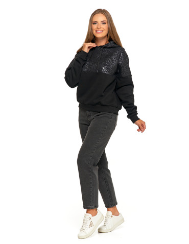 Bluzy damskie - Damska bluza z kapturem ocieplana z motywem graficznym CZARNY - produkt 11