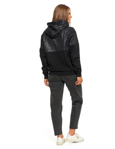 Bluzy damskie - Damska bluza z kapturem ocieplana z motywem graficznym CZARNY - produkt 12