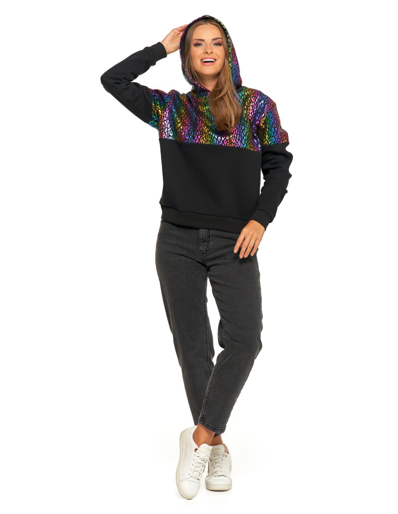 Bluzy damskie - Damska bluza z kapturem ocieplana z motywem graficznym WIELOKOLOROWY  - produkt moraj.pl 10