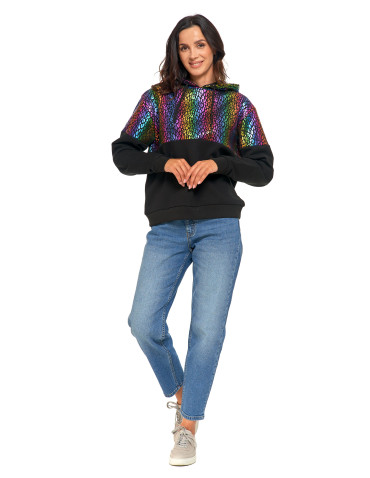 Bluzy damskie - Damska bluza z kapturem ocieplana z motywem graficznym WIELOKOLOROWY - produkt 15