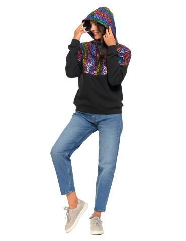 Bluzy damskie - Damska bluza z kapturem ocieplana z motywem graficznym WIELOKOLOROWY - produkt 16