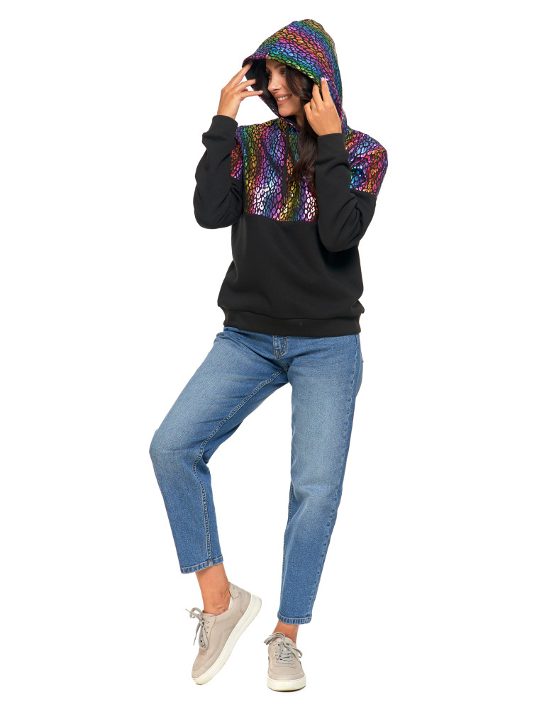 Bluzy damskie - Damska bluza z kapturem ocieplana z motywem graficznym WIELOKOLOROWY  - produkt moraj.pl 16