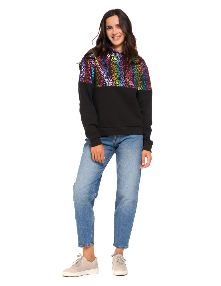 Bluzy damskie - Damska bluza z kapturem ocieplana z motywem graficznym WIELOKOLOROWY  - produkt moraj.pl 17