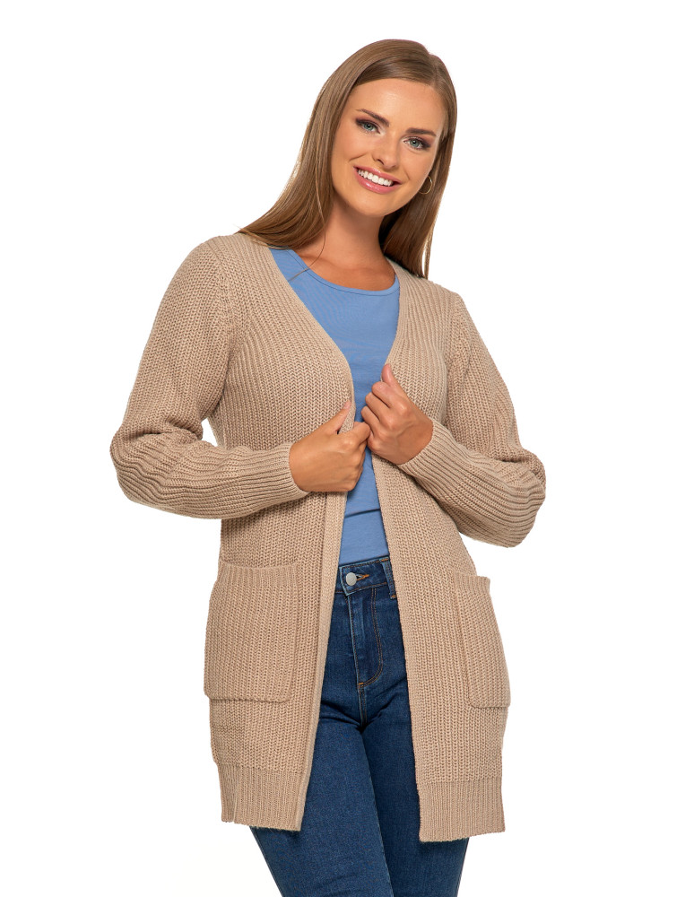 Swetry i kardigany - Damski dzianinowy kardigan z kieszeniami BEŻOWY - produkt moraj.pl 4