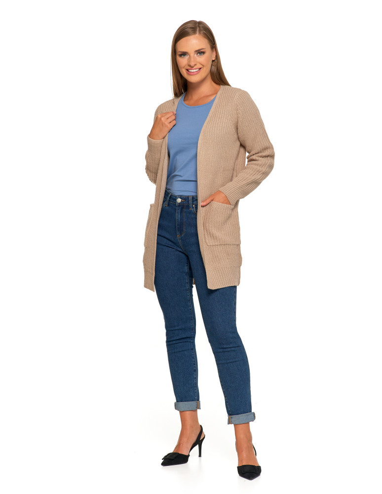 Swetry i kardigany - Damski dzianinowy kardigan z kieszeniami BEŻOWY - produkt moraj.pl 5