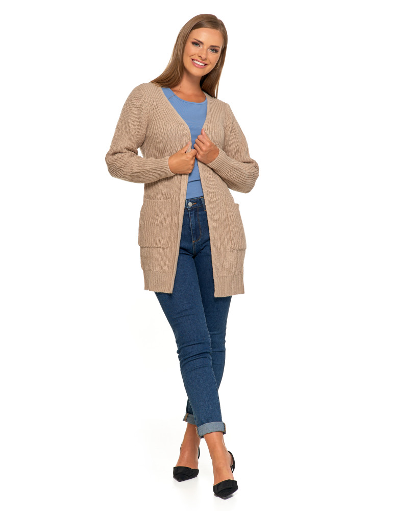 Swetry i kardigany - Damski dzianinowy kardigan z kieszeniami BEŻOWY - produkt moraj.pl 7