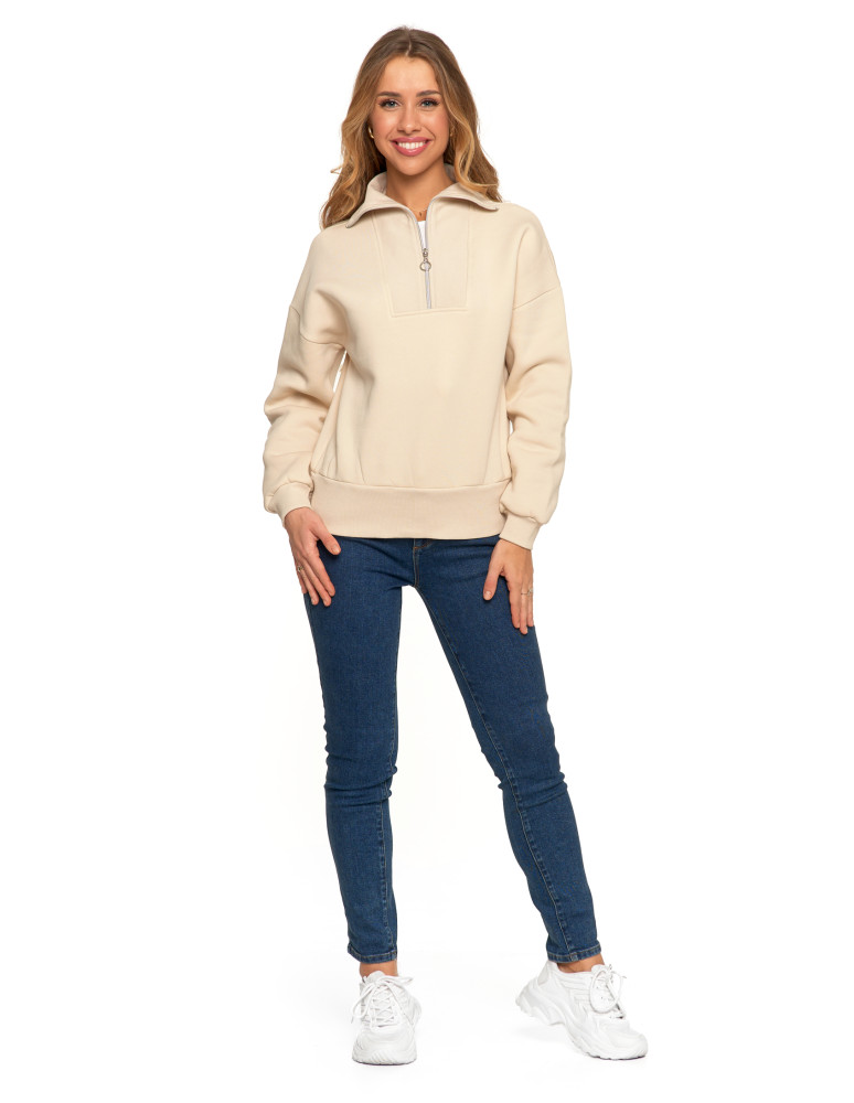 Bluzy damskie - Damska bluza dresowa ze stójką i zamkiem ocieplana BEŻOWY - produkt moraj.pl 3