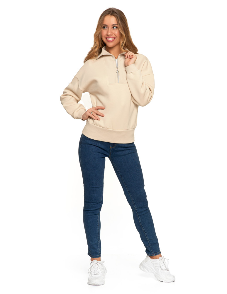Bluzy damskie - Damska bluza dresowa ze stójką i zamkiem ocieplana BEŻOWY - produkt moraj.pl 4