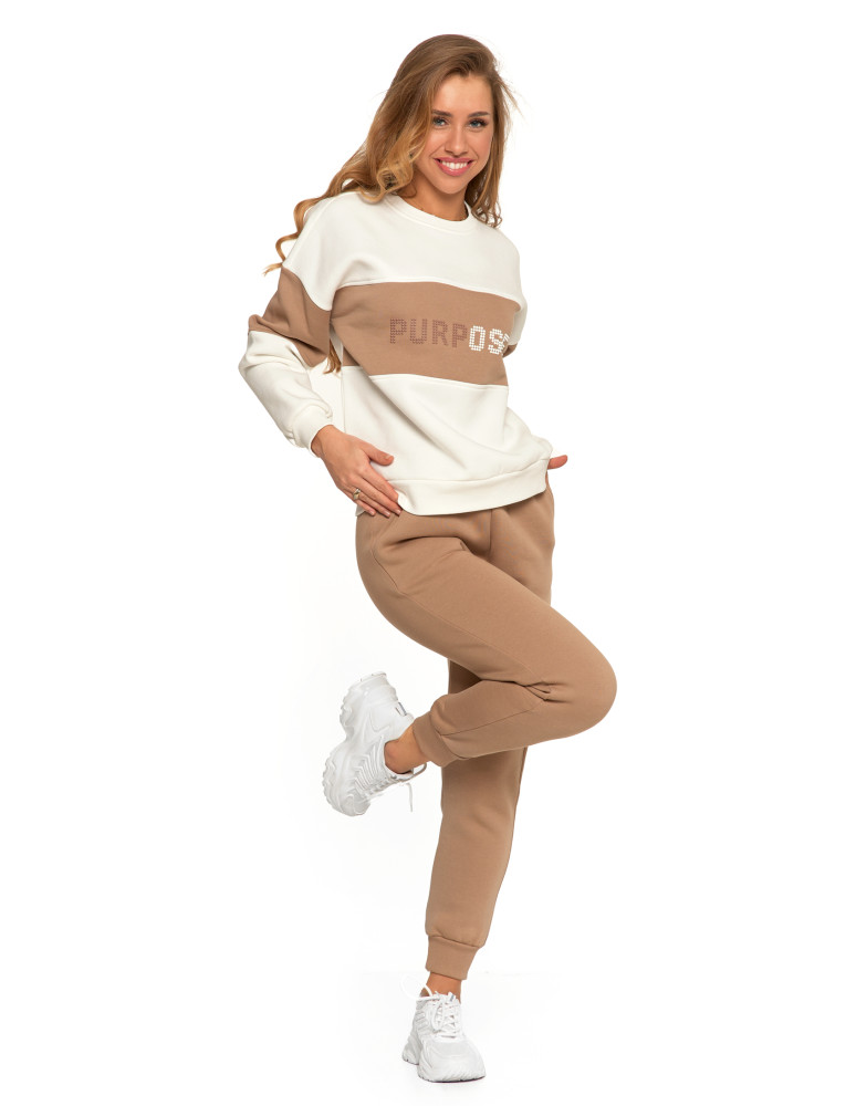 Bluzy damskie - Damska bluza luźna ocieplana z napisem BEŻOWY - produkt moraj.pl 5