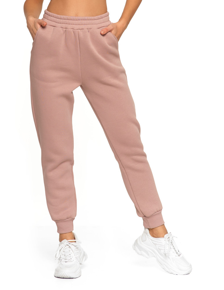 Damskie spodnie dresowe wysoki stan ocieplane z kieszeniami RÓŻOWY