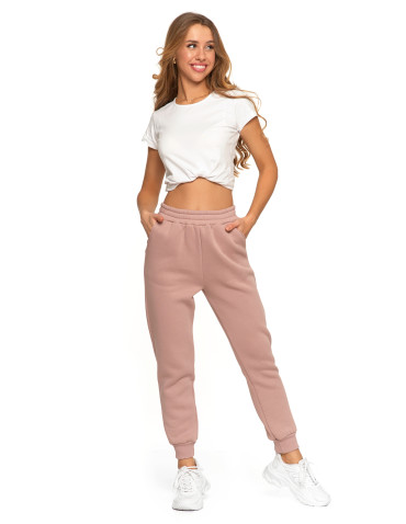 Spodnie damskie - Damskie spodnie dresowe wysoki stan ocieplane z kieszeniami RÓŻOWY - produkt 3